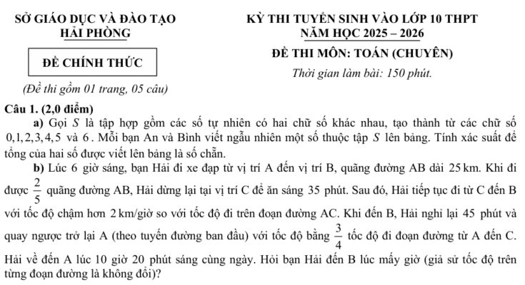 Đề tuyển sinh lớp 10 môn Toán (chuyên) năm 2025 – 2026 sở GD&ĐT Hải Phòng