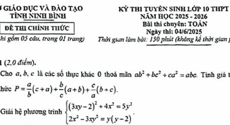Đề tuyển sinh lớp 10 môn Toán (chuyên) năm 2025 – 2026 sở GD&ĐT Ninh Bình