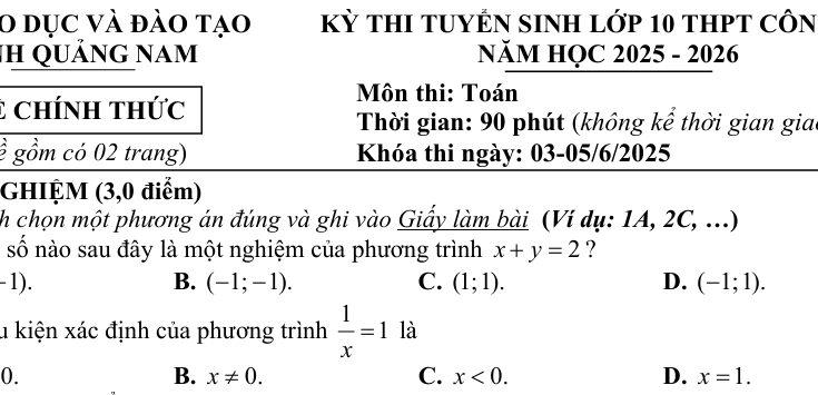 Đề tuyển sinh lớp 10 môn Toán năm 2025 – 2026 sở GD&ĐT Quảng Nam