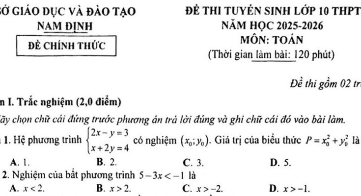 Đề tuyển sinh lớp 10 môn Toán năm 2025 – 2026 sở GD&ĐT Nam Định