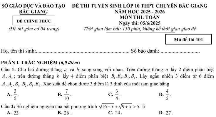 Đề tuyển sinh lớp 10 môn Toán năm 2025 – 2026 trường THPT chuyên Bắc Giang