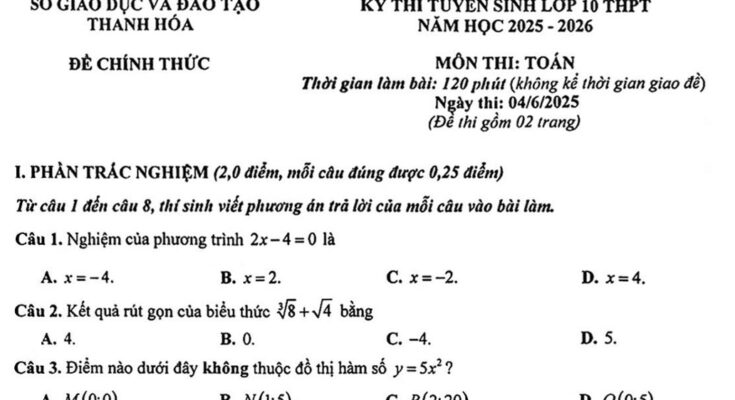 Đề tuyển sinh lớp 10 môn Toán năm 2025 – 2026 sở GD&ĐT Thanh Hóa