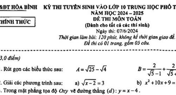 Đề tuyển sinh lớp 10 THPT môn Toán năm 2024 – 2025 sở GD&ĐT Hòa Bình