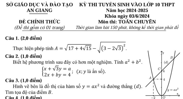 Đề tuyển sinh lớp 10 môn Toán (chuyên) năm 2024 – 2025 sở GD&ĐT An Giang