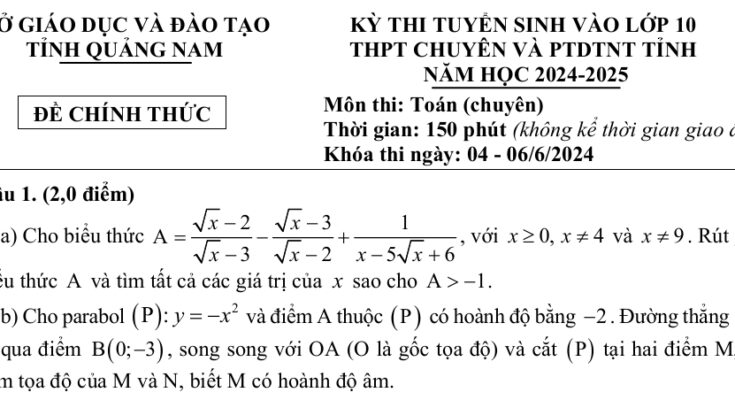 Đề tuyển sinh lớp 10 chuyên môn Toán (chuyên) năm 2024 – 2025 sở GD&ĐT Quảng Nam