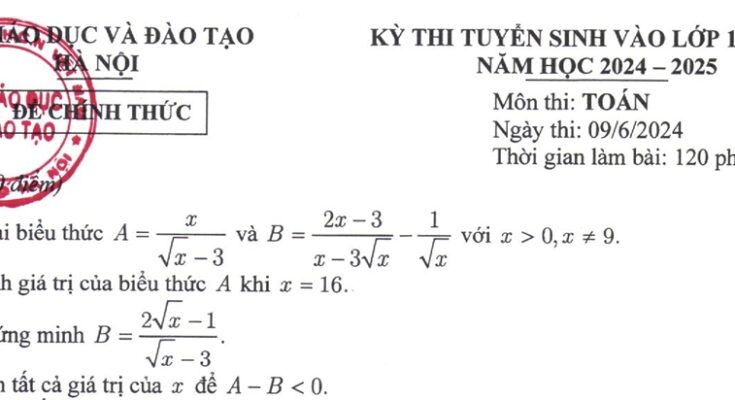 Đề tuyển sinh lớp 10 THPT môn Toán năm 2024 – 2025 sở GD&ĐT Hà Nội