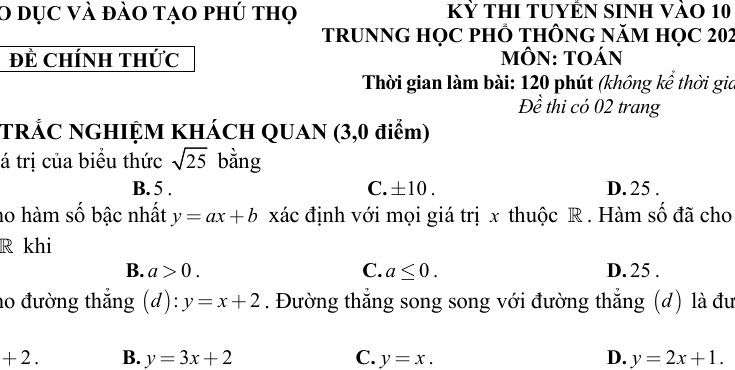 Đề tuyển sinh lớp 10 THPT môn Toán năm 2024 – 2025 sở GD&ĐT Phú Thọ
