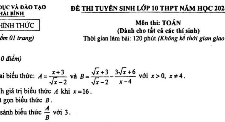 Đề tuyển sinh lớp 10 THPT môn Toán năm 2024 – 2025 sở GD&ĐT Thái Bình
