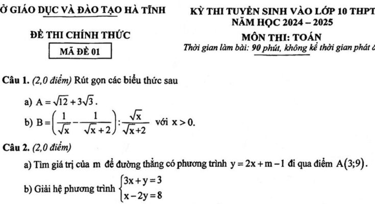 Đề tuyển sinh lớp 10 THPT môn Toán năm 2024 – 2025 sở GD&ĐT Hà Tĩnh