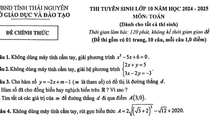 Đề tuyển sinh lớp 10 môn Toán năm 2024 – 2025 sở GD&ĐT Thái Nguyên