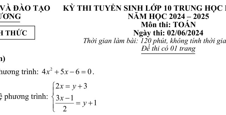 Đề tuyển sinh lớp 10 THPT môn Toán năm 2024 – 2025 sở GD&ĐT Hải Dương