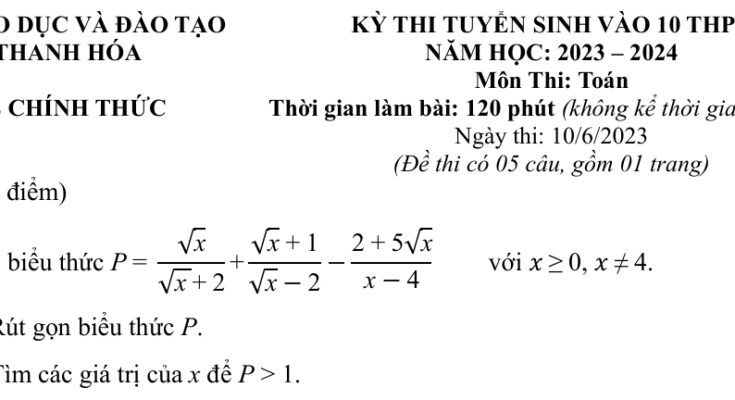 Đề tuyển sinh vào lớp 10 môn Toán năm 2023 – 2024 sở GD&ĐT Thanh Hóa
