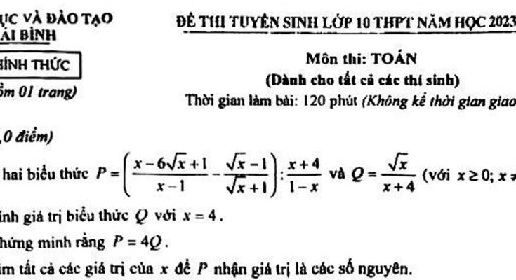 Đề tuyển sinh lớp 10 môn Toán năm 2023 – 2024 sở GD&ĐT Thái Bình