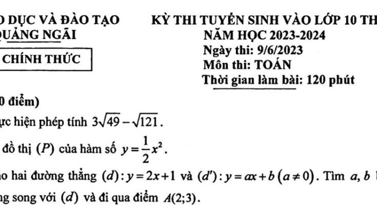 Đề tuyển sinh vào lớp 10 môn Toán năm 2023 – 2024 sở GD&ĐT Quảng Ngãi