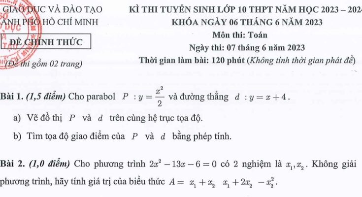 Đề tuyển sinh lớp 10 môn Toán năm 2023 – 2024 sở GD&ĐT TP Hồ Chí Minh