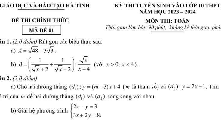 Đề tuyển sinh vào lớp 10 môn Toán năm 2023 – 2024 sở GD&ĐT Hà Tĩnh