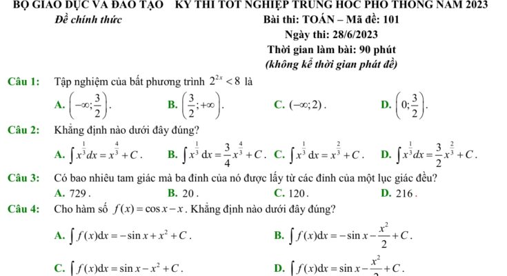 Đề chính thức kỳ thi tốt nghiệp THPT năm 2023 môn Toán