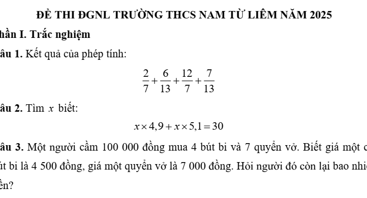 Đề thi tuyển sinh vào lớp 6 môn Toán trường THCS Nam Từ Liêm Hà Nội năm 2025