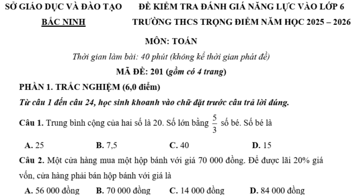 đề thi tuyển sinh vào lớp 6 môn Toán 2025
