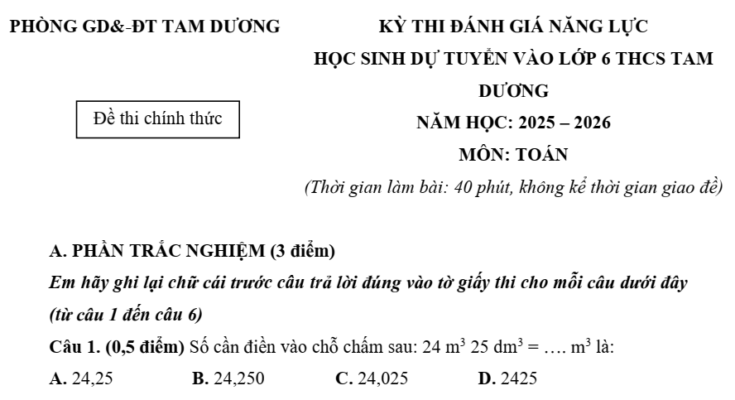 Đề thi tuyển sinh vào lớp 6 môn Toán trường THCS Tam Dương Vĩnh Phúc năm 2025